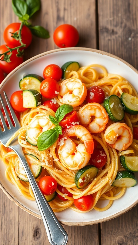 A plate of shrimp pasta with zucchini and cherry tomatoes, garnished with basil and Parmesan on a wooden table.